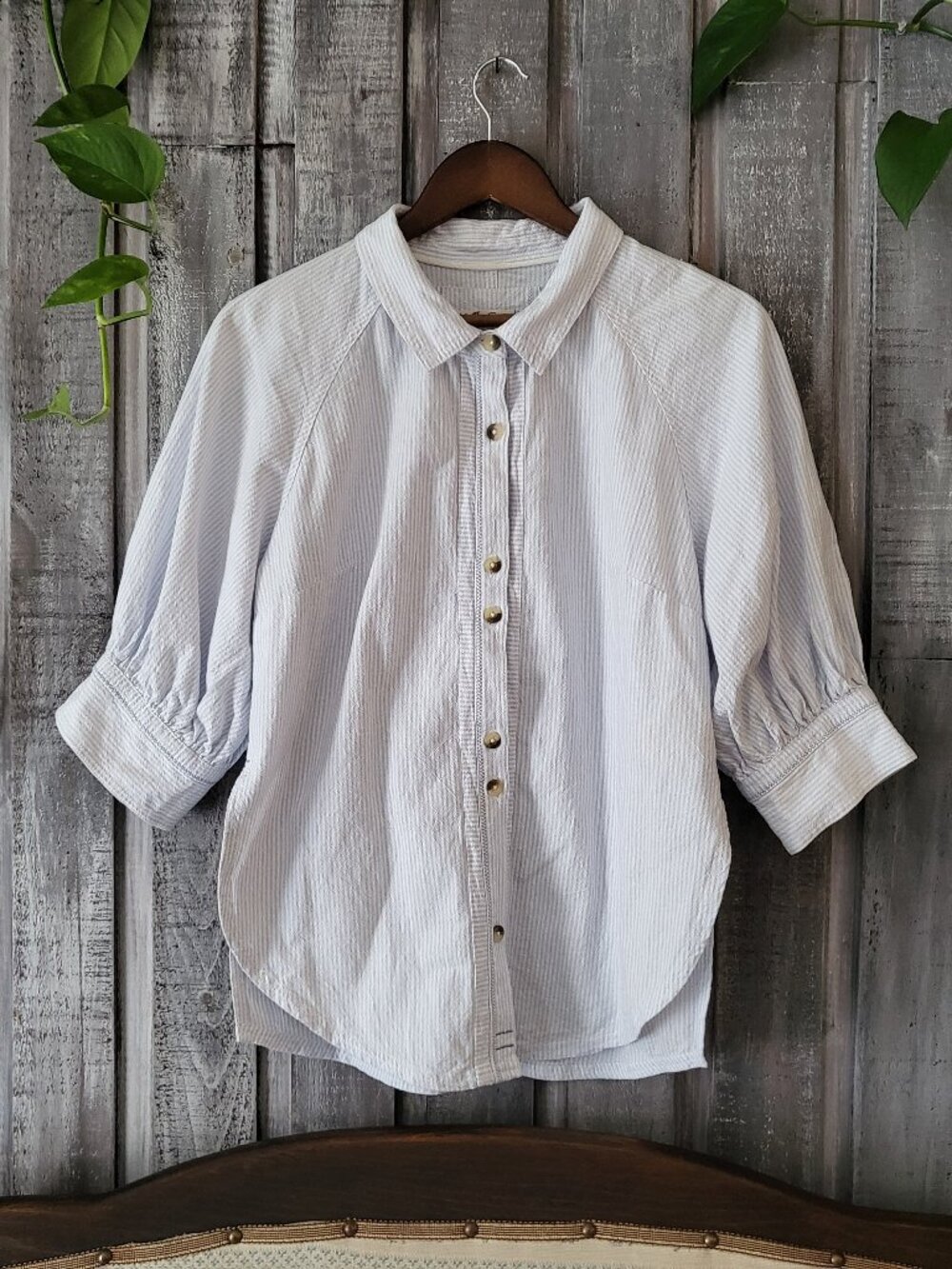 Free People Soft Blue Thin-Stripe Button Front Shirt